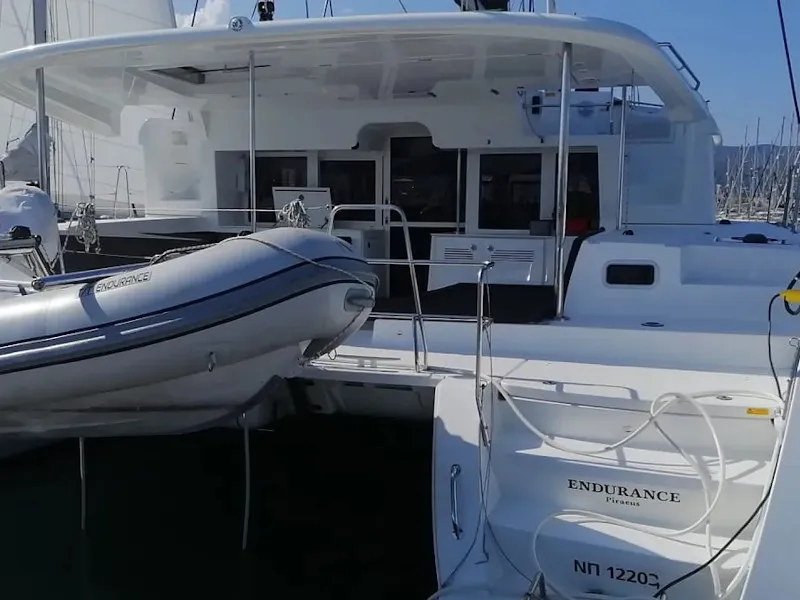 Exterior view of Endurance, a Lagoon 450 Fly catamaran at Municipal Unit of Lefkada, Greece