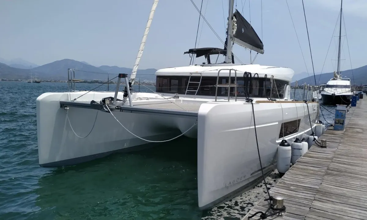 Exterior view of Leo, a Lagoon 40 catamaran at Fethiye, Turkey