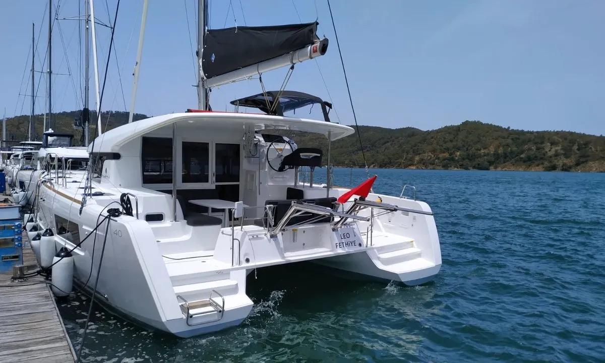 Exterior view of Leo, a Lagoon 40 catamaran at Fethiye, Turkey