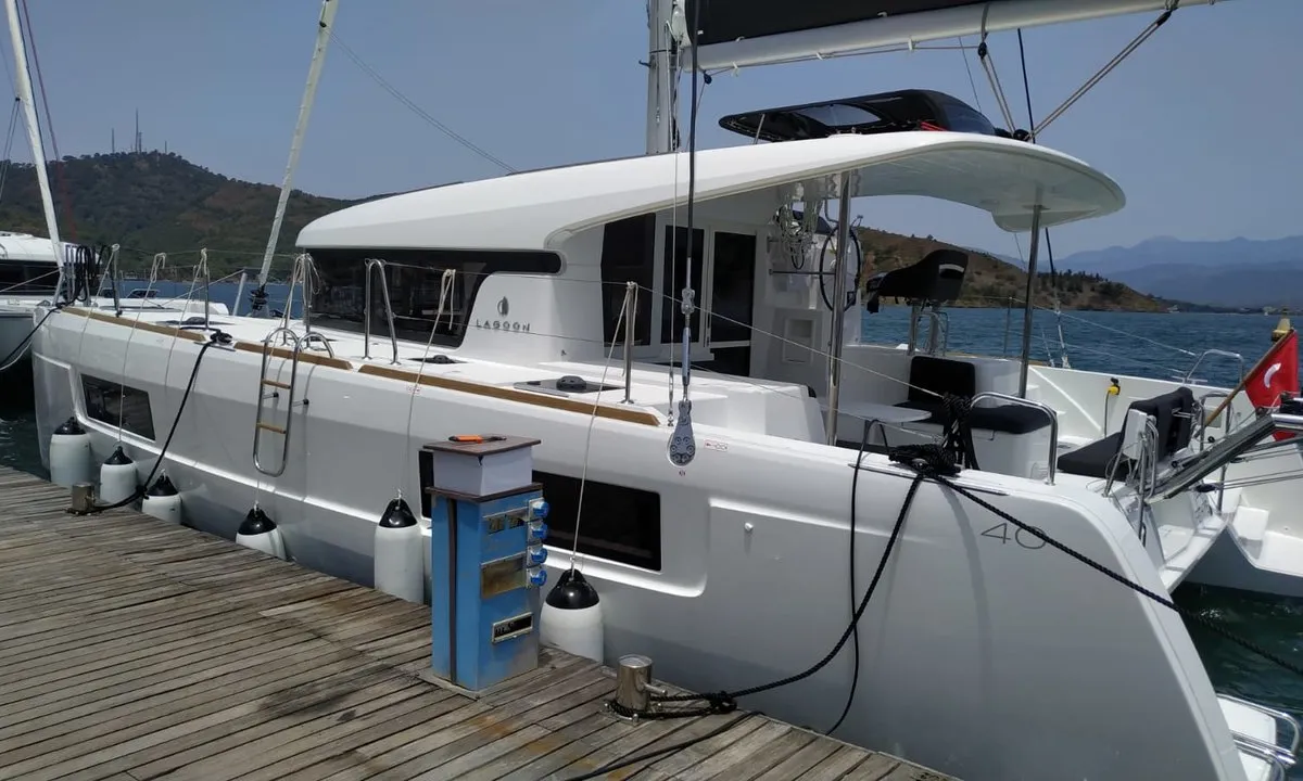 Exterior view of Leo, a Lagoon 40 catamaran at Fethiye, Turkey