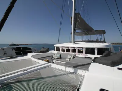Deck of The Big Deal, a Lagoon 500 - 5 + 1 + 1 cab. catamaran at Athens, Greece