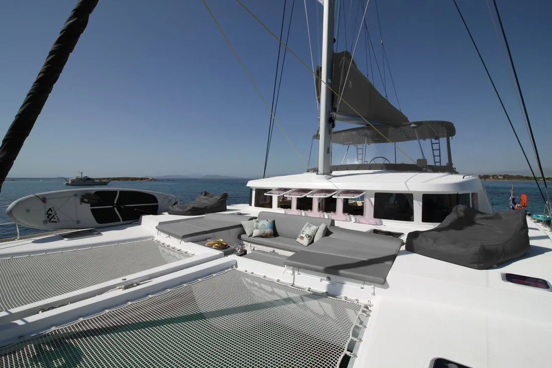 Deck of The Big Deal, a Lagoon 500 - 5 + 1 + 1 cab. catamaran at Athens, Greece