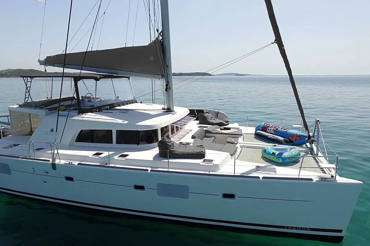 Exterior view of The Big Deal, a Lagoon 500 - 5 + 1 + 1 cab. catamaran at Athens, Greece