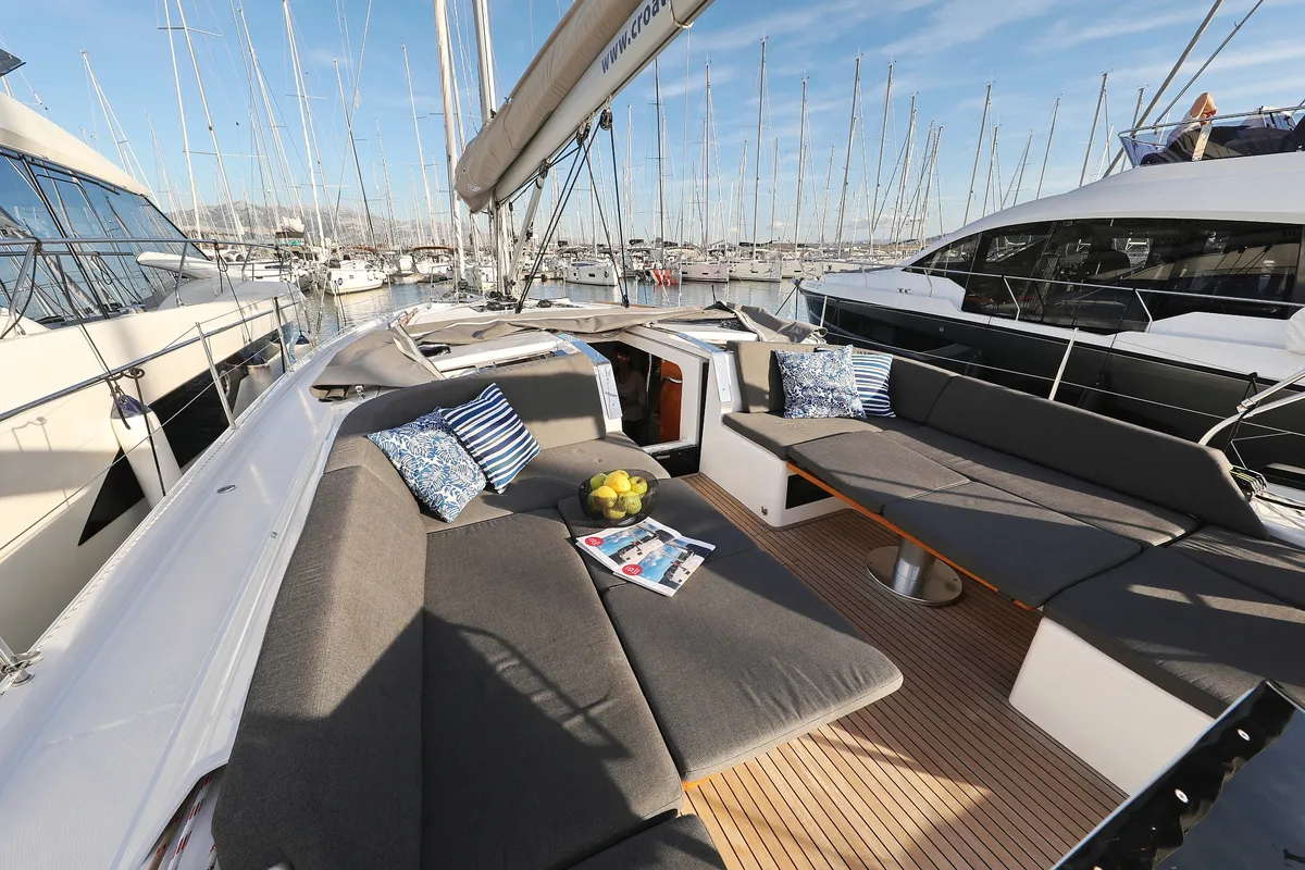 Deck of Nami, a Hanse 460 sailboat at Kaštela, Croatia