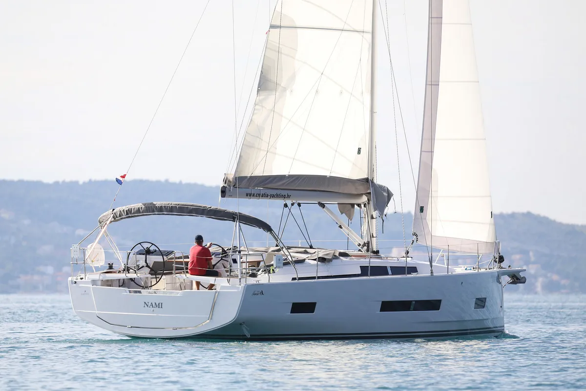 Exterior view of Nami, a Hanse 460 sailboat at Kaštela, Croatia
