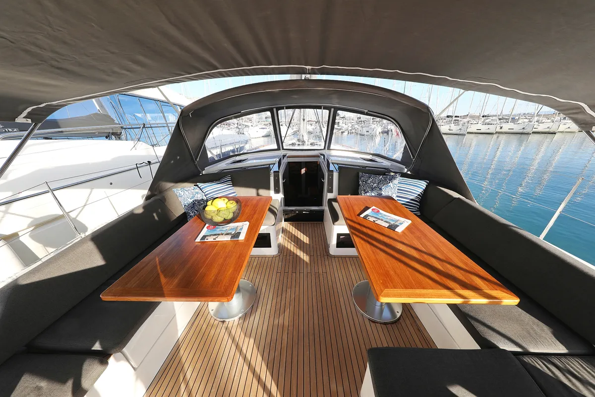 Cockpit of Nami, a Hanse 460 sailboat at Kaštela, Croatia