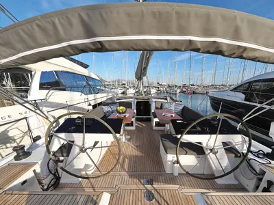 Cockpit of Nami, a Hanse 460 sailboat at Kaštela, Croatia