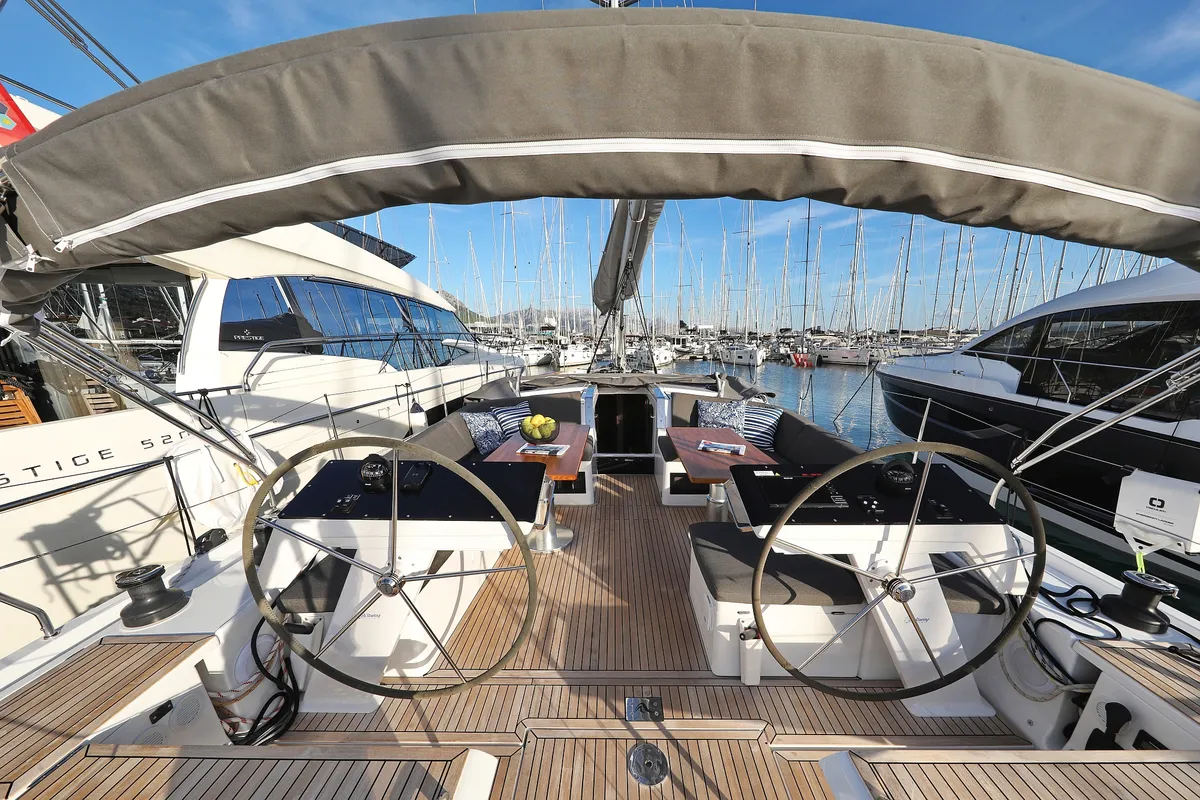 Cockpit of Nami, a Hanse 460 sailboat at Kaštela, Croatia