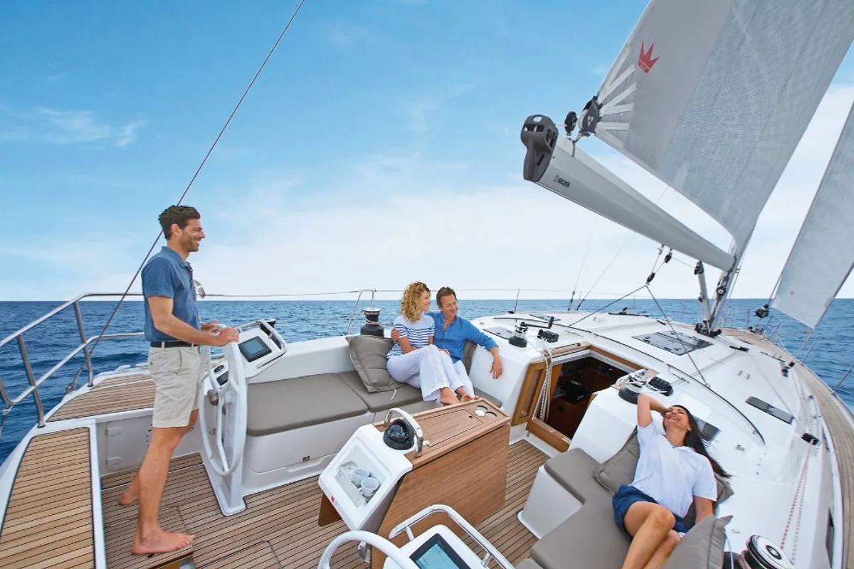 Deck of Konstantinos 11, a Bavaria Cruiser 51 sailboat at Municipal Unit of Lefkada, Greece