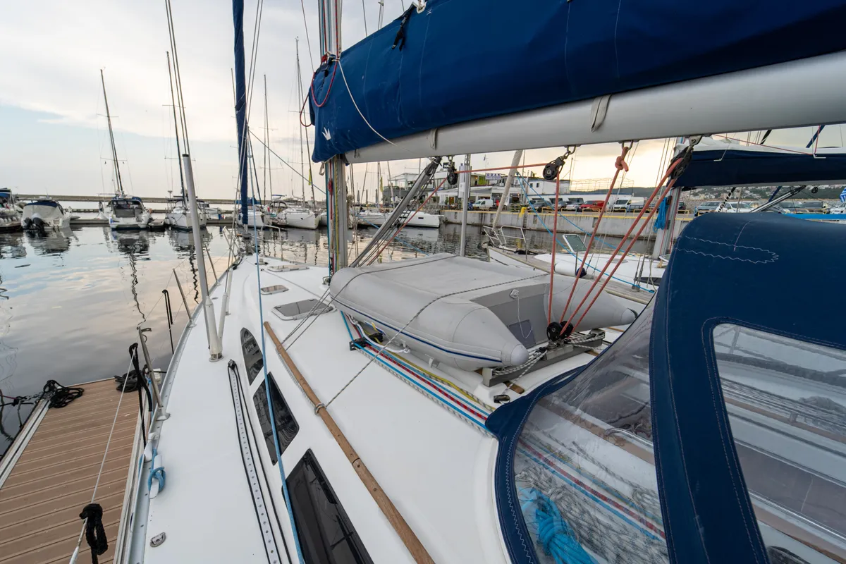 Deck of Tatanos, a Jeanneau Sun Odyssey 43 sailboat at Kavala, Greece