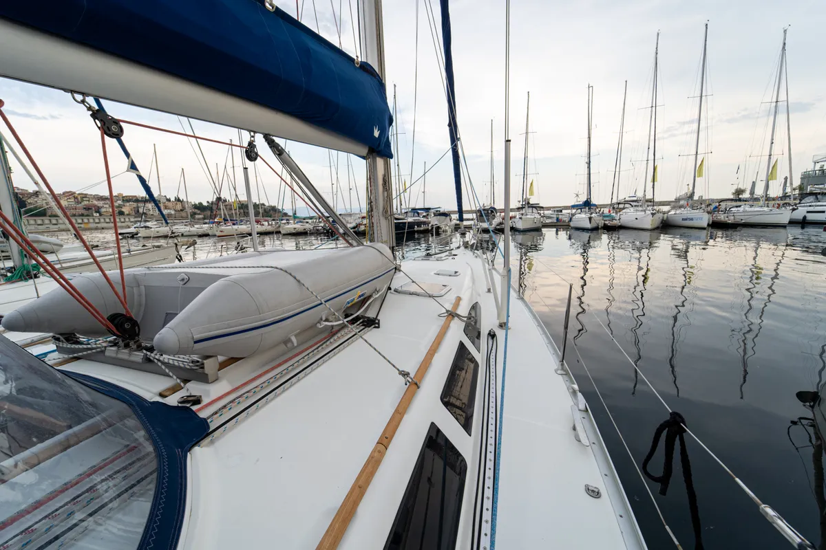 Deck of Tatanos, a Jeanneau Sun Odyssey 43 sailboat at Kavala, Greece