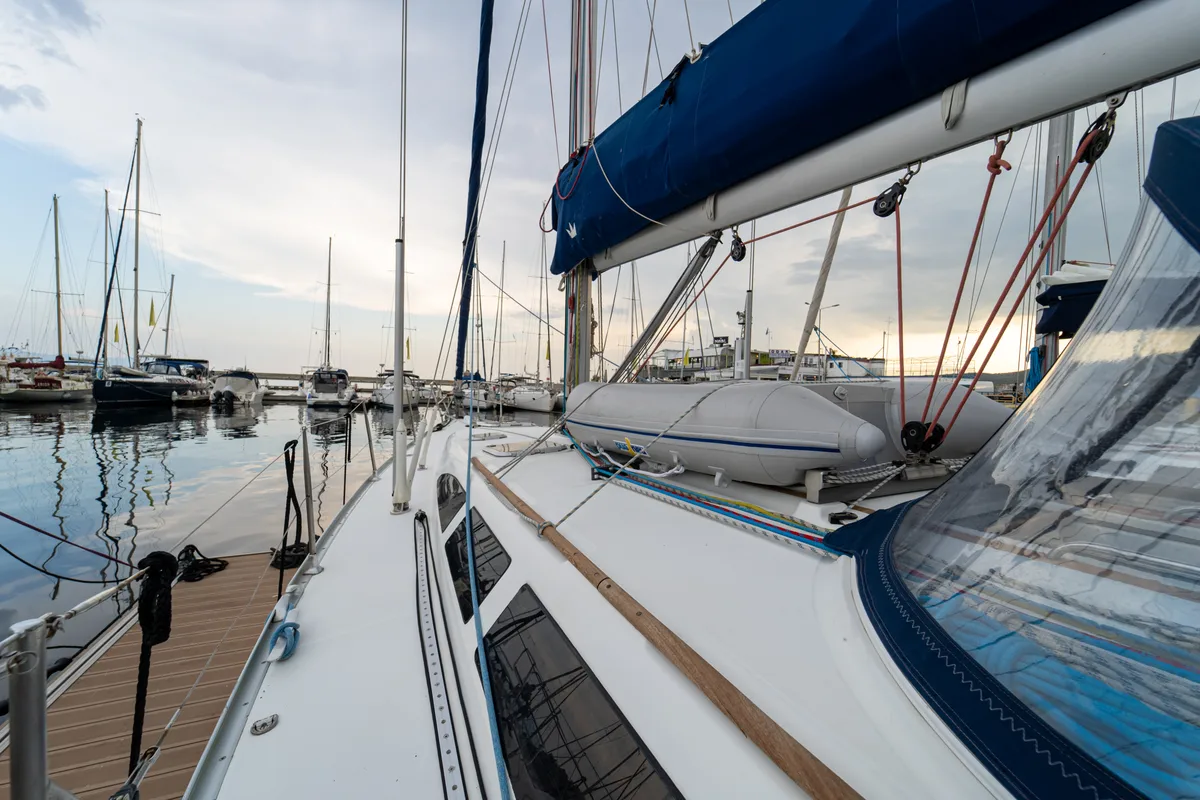 Deck of Tatanos, a Jeanneau Sun Odyssey 43 sailboat at Kavala, Greece