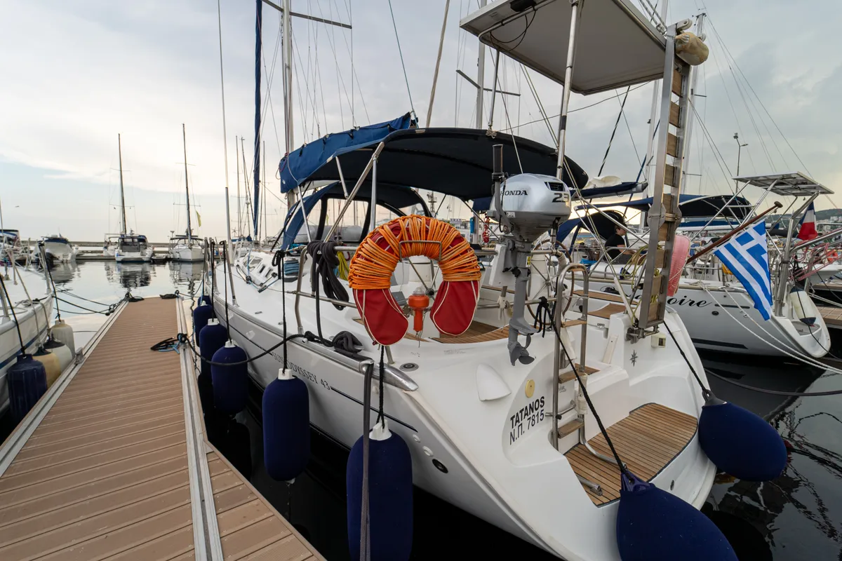 Exterior view of Tatanos, a Jeanneau Sun Odyssey 43 sailboat at Kavala, Greece