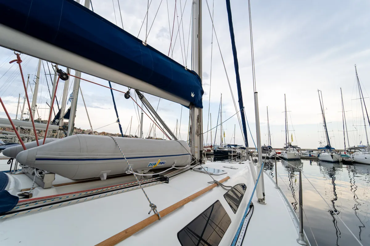 Deck of Tatanos, a Jeanneau Sun Odyssey 43 sailboat at Kavala, Greece
