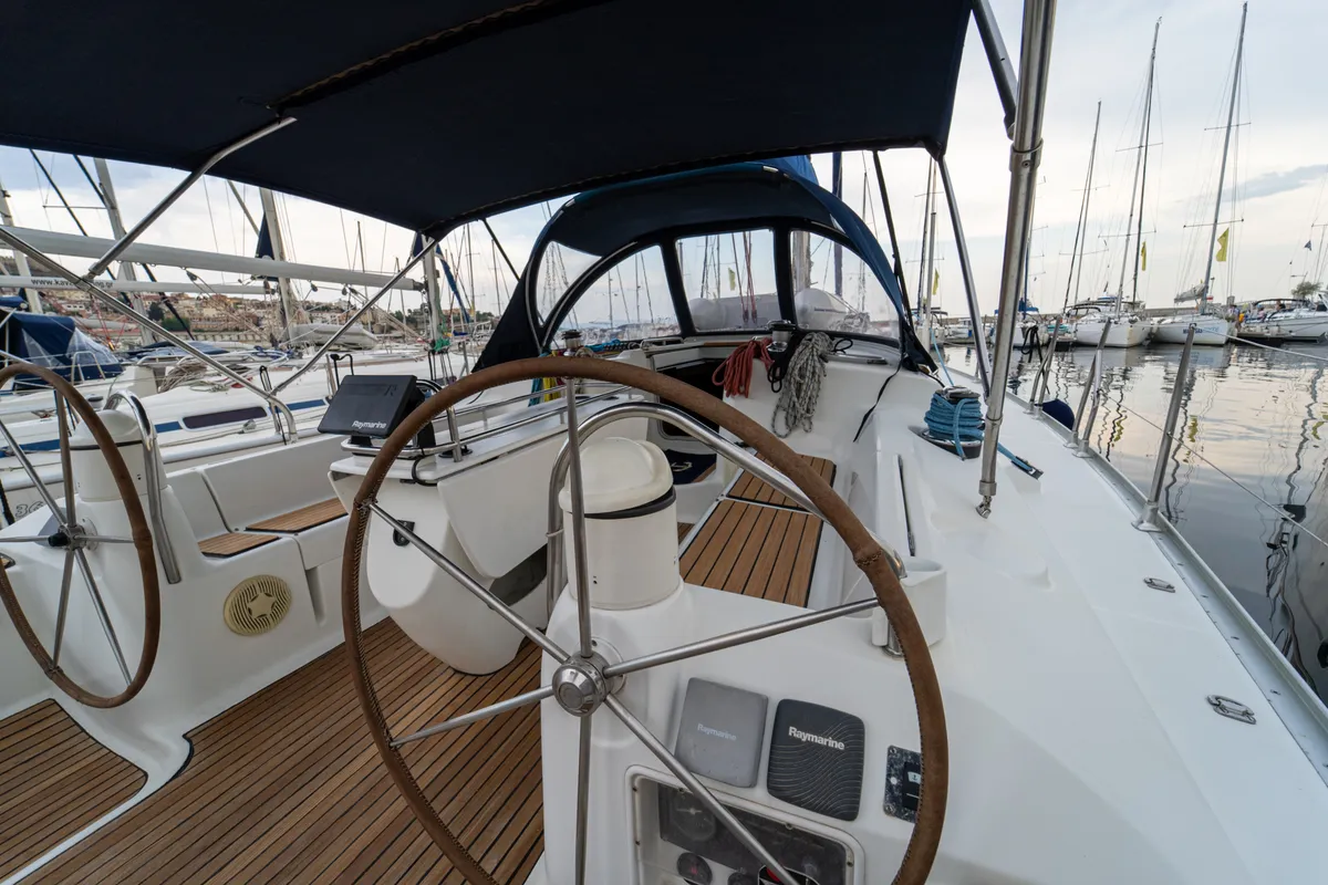 Cockpit of Tatanos, a Jeanneau Sun Odyssey 43 sailboat at Kavala, Greece