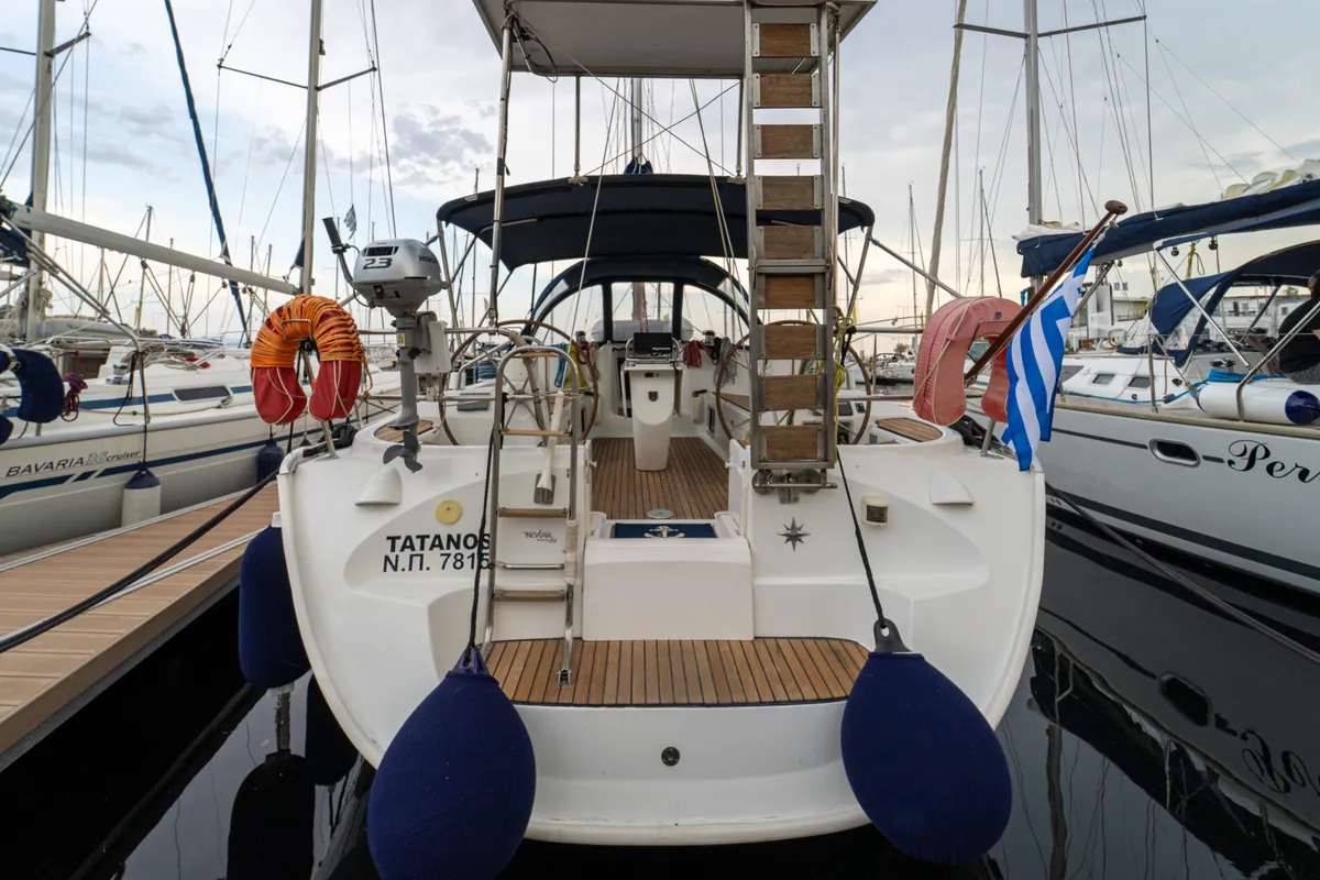 Exterior view of Tatanos, a Jeanneau Sun Odyssey 43 sailboat at Kavala, Greece