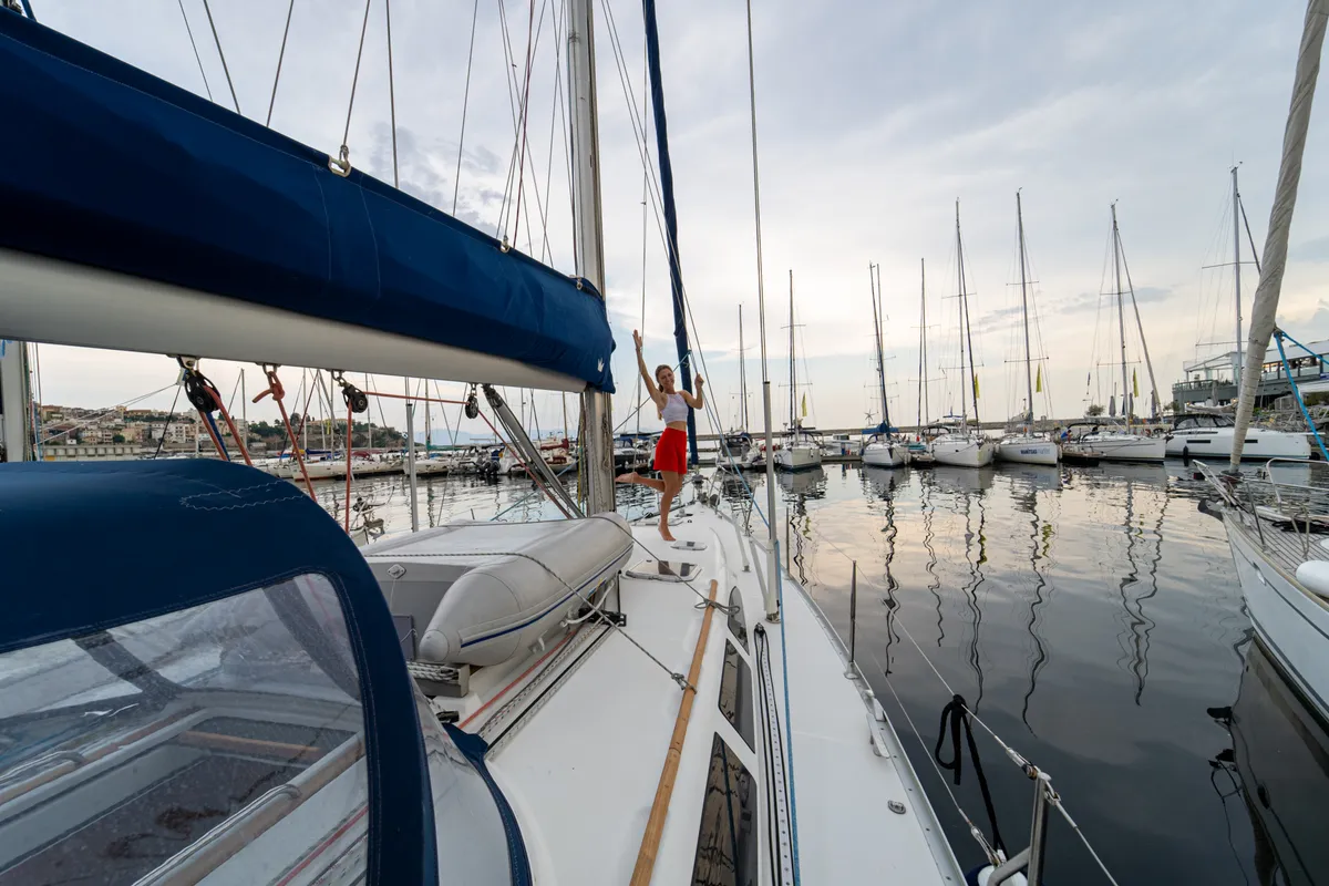 Deck of Tatanos, a Jeanneau Sun Odyssey 43 sailboat at Kavala, Greece