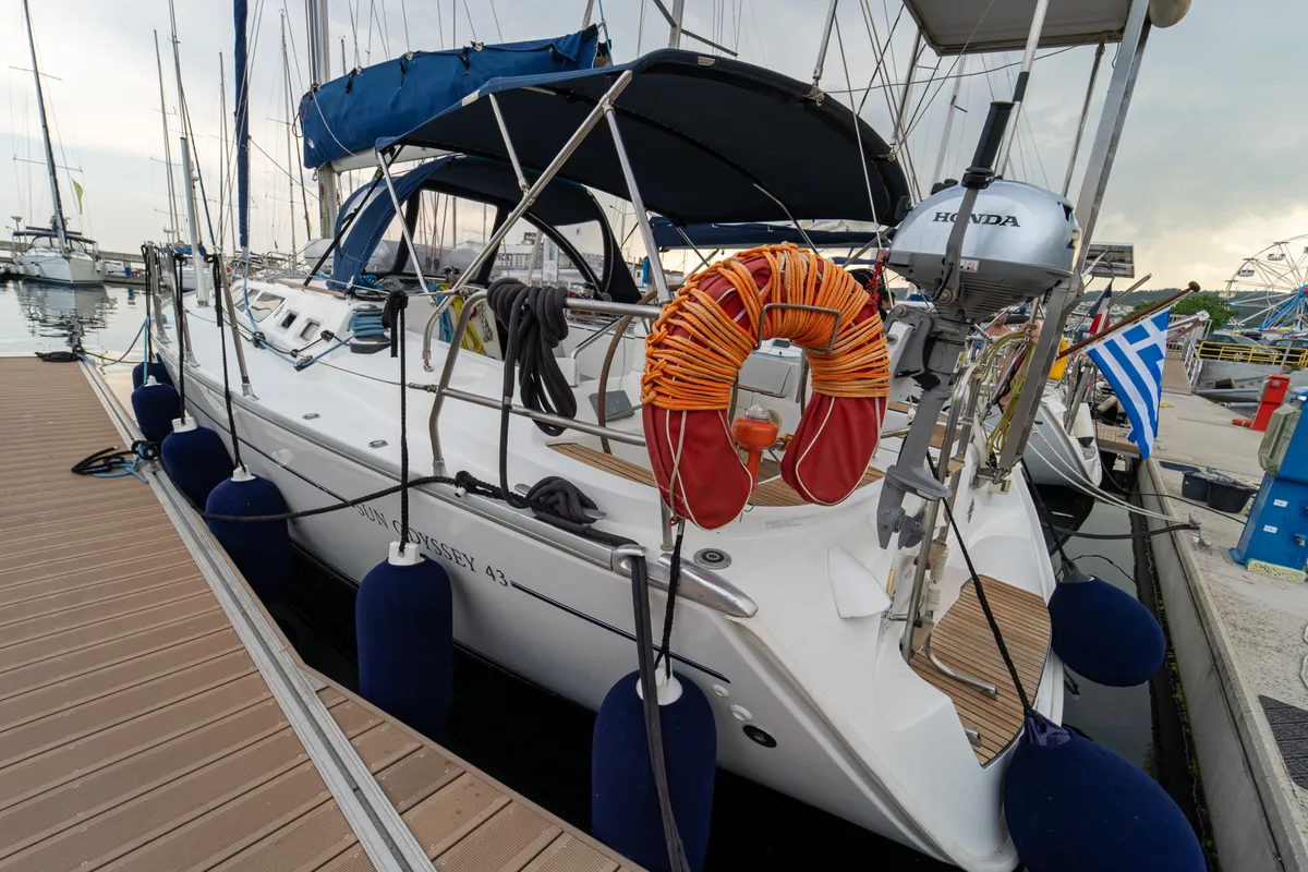 Exterior view of Tatanos, a Jeanneau Sun Odyssey 43 sailboat at Kavala, Greece