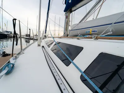 Deck of Tatanos, a Jeanneau Sun Odyssey 43 sailboat at Kavala, Greece