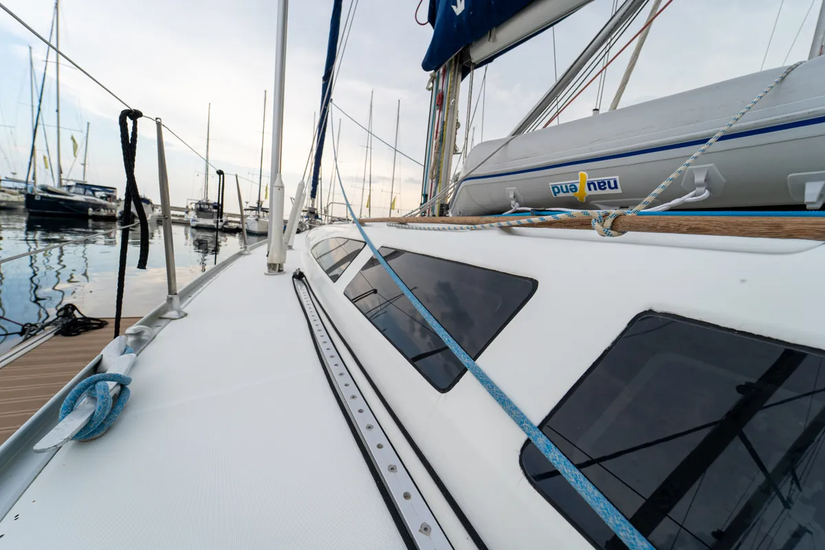 Deck of Tatanos, a Jeanneau Sun Odyssey 43 sailboat at Kavala, Greece