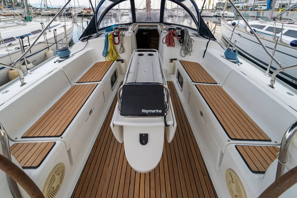 Cockpit of Tatanos, a Jeanneau Sun Odyssey 43 sailboat at Kavala, Greece