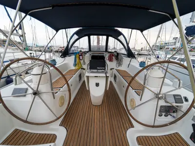 Cockpit of Tatanos, a Jeanneau Sun Odyssey 43 sailboat at Kavala, Greece