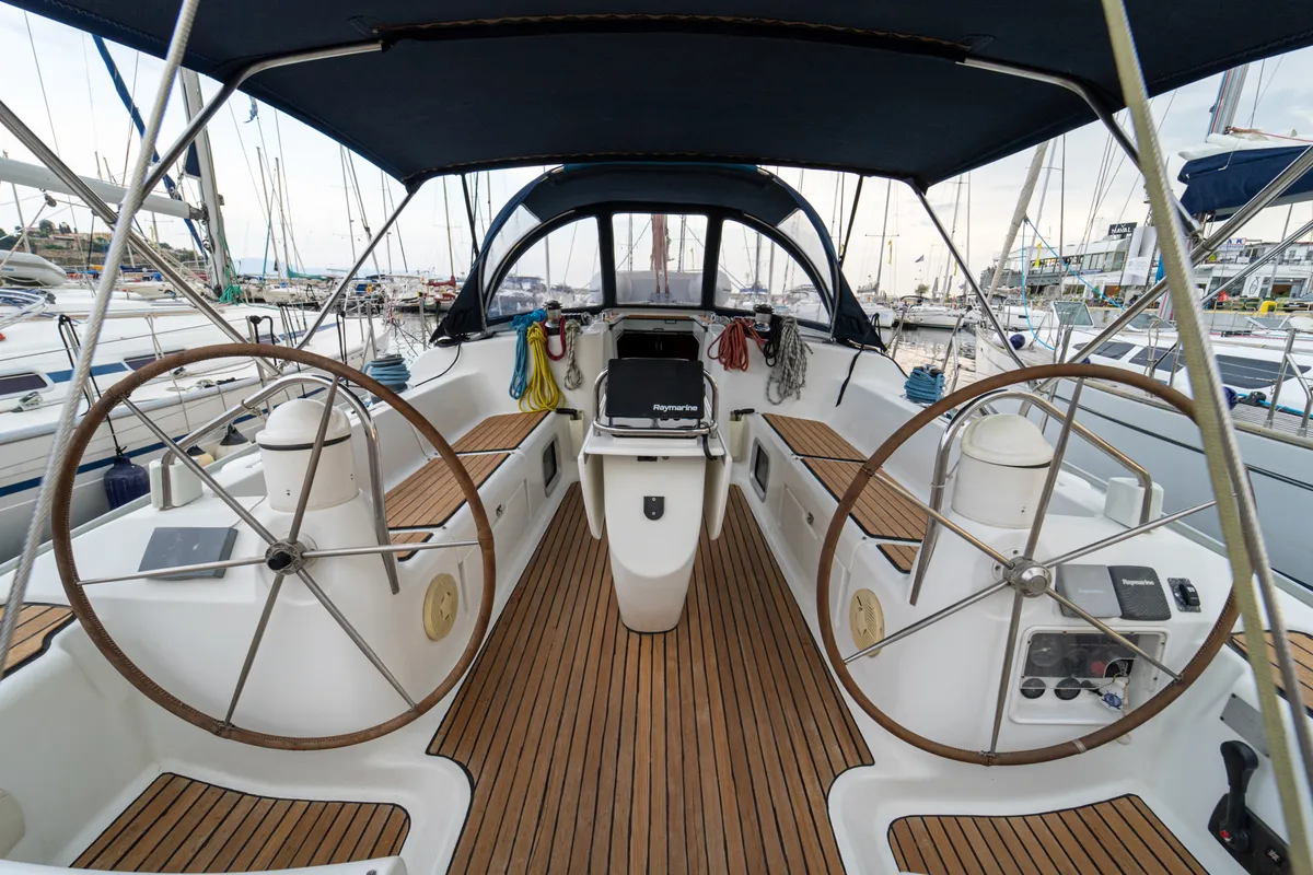 Cockpit of Tatanos, a Jeanneau Sun Odyssey 43 sailboat at Kavala, Greece
