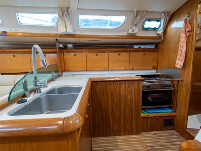 Galley of Tatanos, a Jeanneau Sun Odyssey 43 sailboat at Kavala, Greece