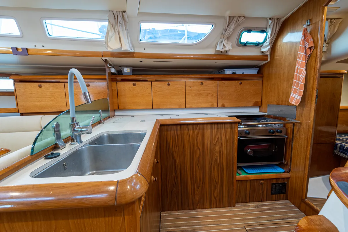 Galley of Tatanos, a Jeanneau Sun Odyssey 43 sailboat at Kavala, Greece