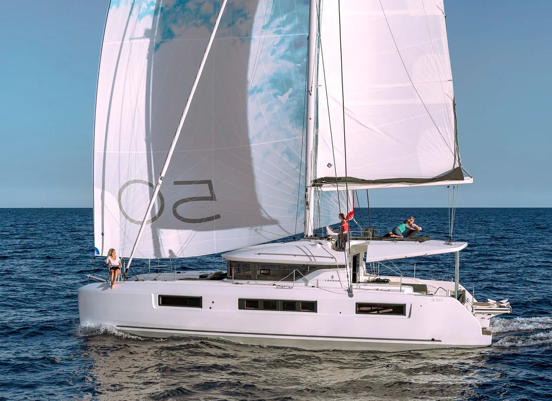 Exterior view of Mila, a Lagoon 50 catamaran at Seget Donji, Croatia