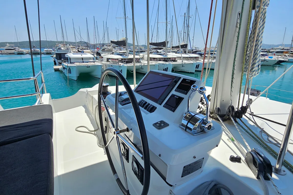 Exterior view of Mila, a Lagoon 50 catamaran at Seget Donji, Croatia
