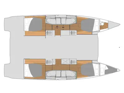 Floor plan of Heidsieck, a Fountaine Pajot Elba 45 catamaran at Olbia, Italy