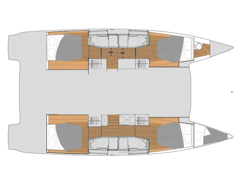 Floor plan of Heidsieck, a Fountaine Pajot Elba 45 catamaran at Olbia, Italy