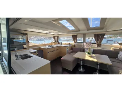 Galley of Heidsieck, a Fountaine Pajot Elba 45 catamaran at Olbia, Italy