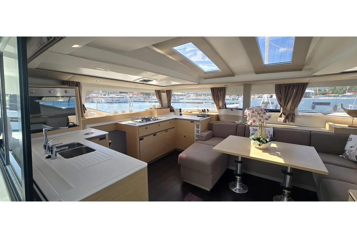 Galley of Heidsieck, a Fountaine Pajot Elba 45 catamaran at Olbia, Italy