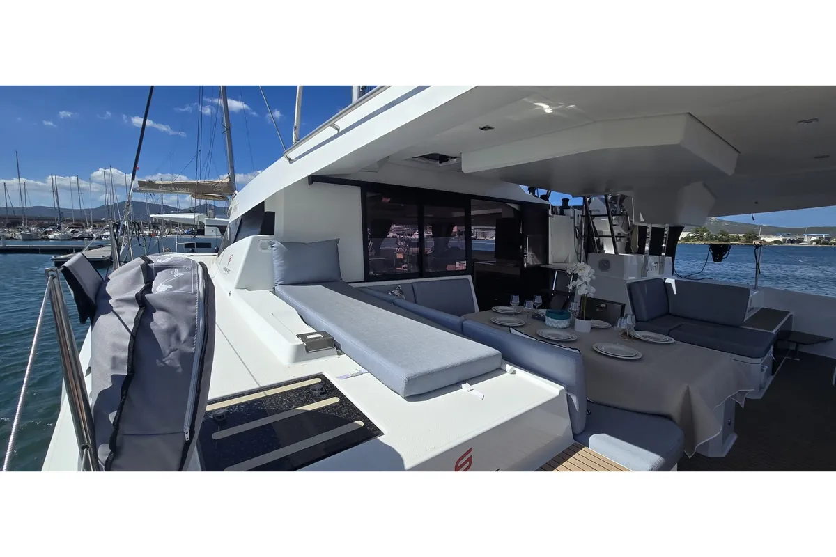 Deck of Heidsieck, a Fountaine Pajot Elba 45 catamaran at Olbia, Italy