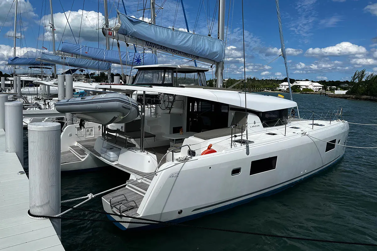 Exterior view of Belight , a Lagoon 42 catamaran at Road Town, British Virgin Islands