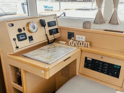 Cockpit of NEMO, a Lagoon 39 catamaran at Grad Šibenik, Croatia