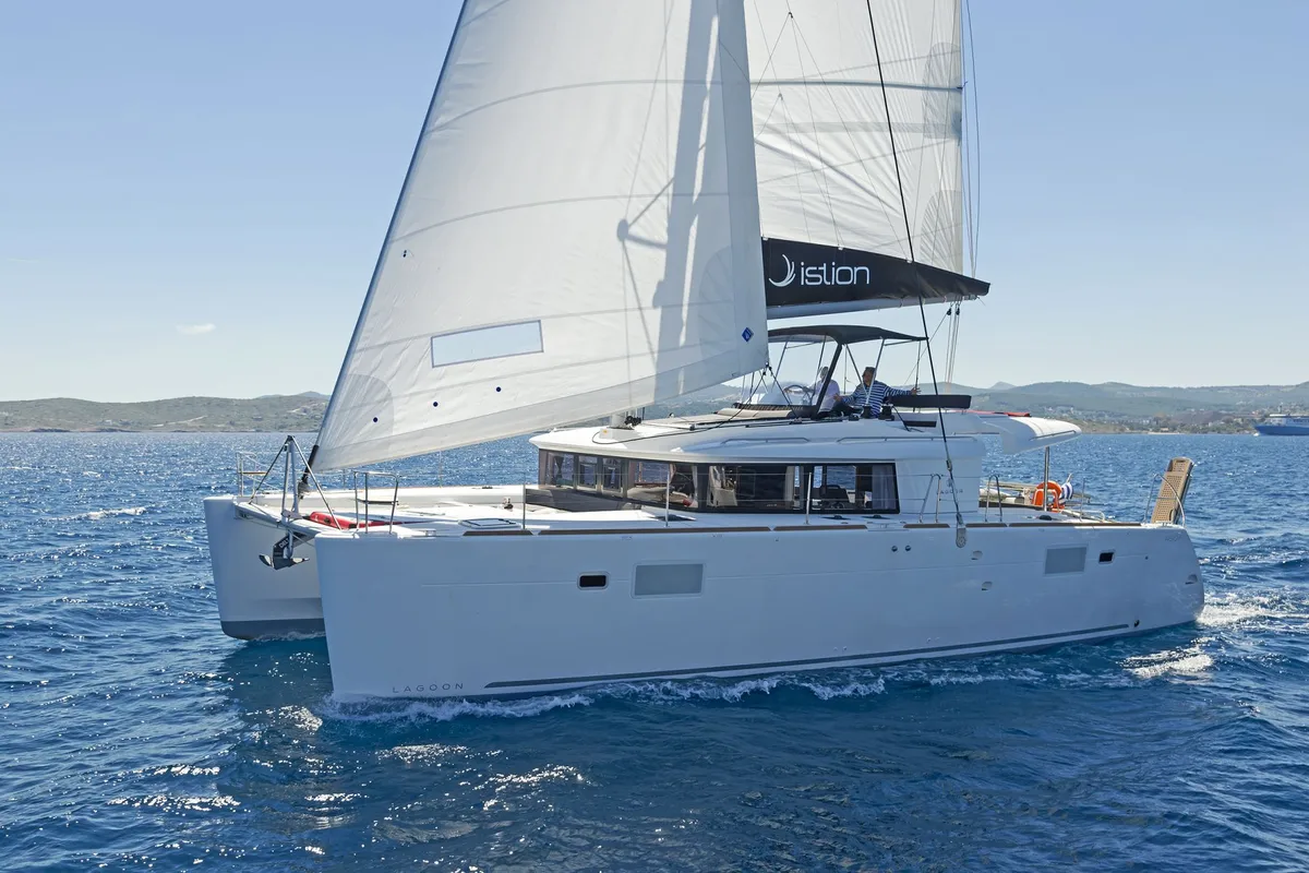 Exterior view of Thetis, a Lagoon 450 Fly catamaran at Municipal Unit of Rhodes, Greece