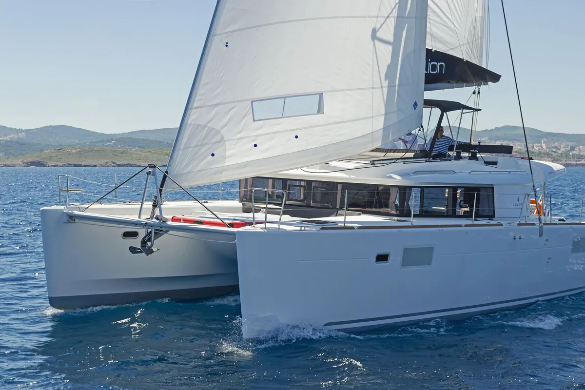 Exterior view of Thetis, a Lagoon 450 Fly catamaran at Municipal Unit of Rhodes, Greece