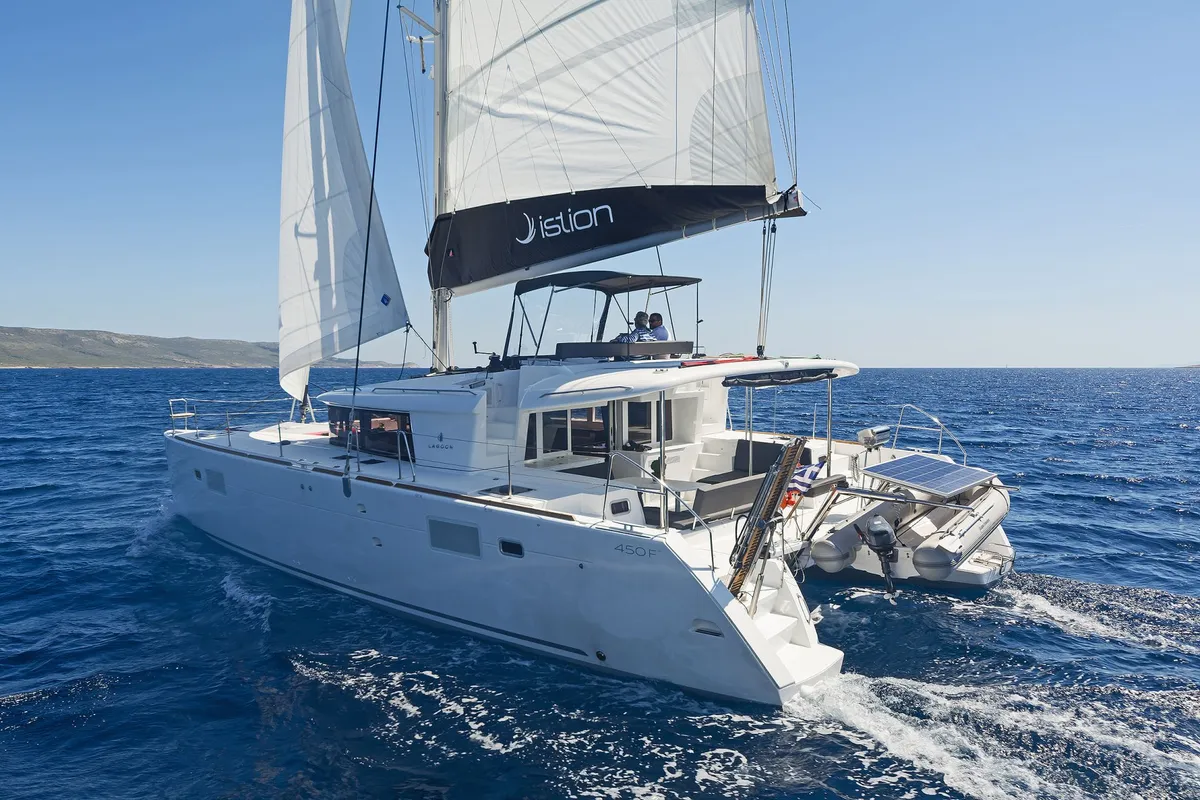 Exterior view of Thetis, a Lagoon 450 Fly catamaran at Municipal Unit of Rhodes, Greece
