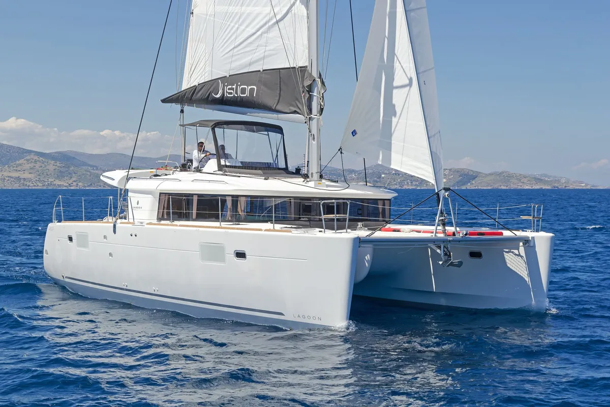 Exterior view of Thetis, a Lagoon 450 Fly catamaran at Municipal Unit of Rhodes, Greece