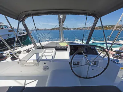Cockpit of Thetis, a Lagoon 450 Fly catamaran at Municipal Unit of Rhodes, Greece
