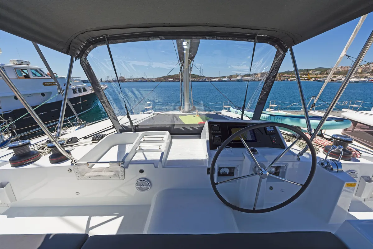 Cockpit of Thetis, a Lagoon 450 Fly catamaran at Municipal Unit of Rhodes, Greece