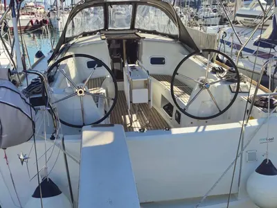 Cockpit of Anatema, a Jeanneau Sun Odyssey 349 sailboat at Piombino, Italy