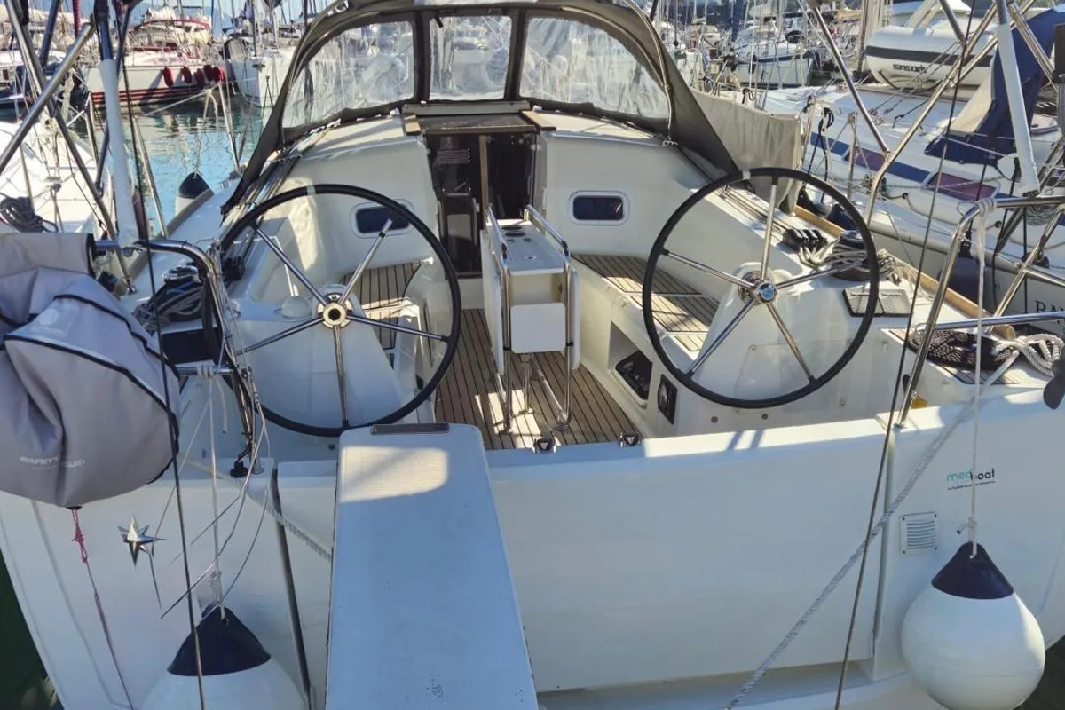 Cockpit of Anatema, a Jeanneau Sun Odyssey 349 sailboat at Piombino, Italy