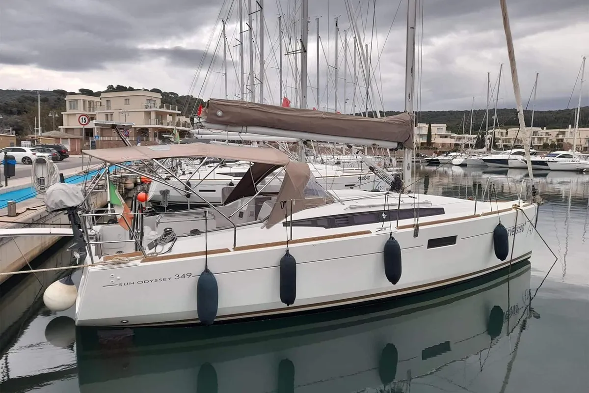 Exterior view of Anatema, a Jeanneau Sun Odyssey 349 sailboat at Piombino, Italy