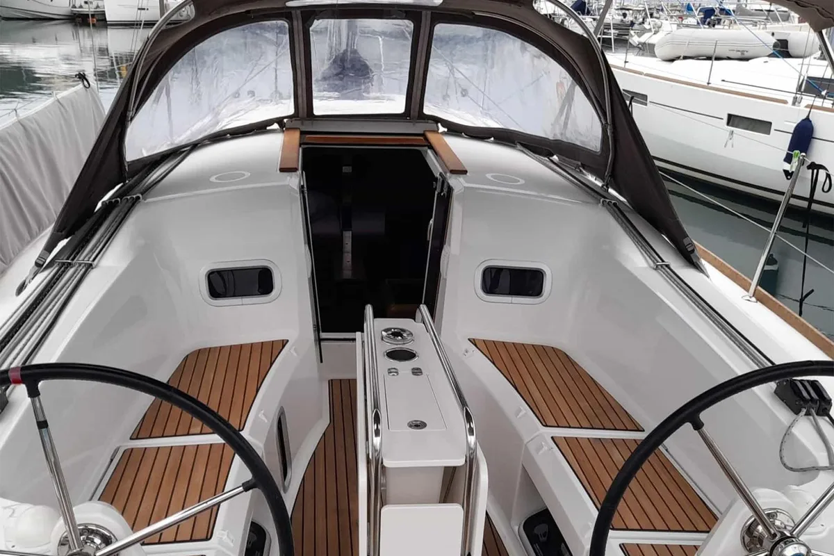 Cockpit of Anatema, a Jeanneau Sun Odyssey 349 sailboat at Piombino, Italy