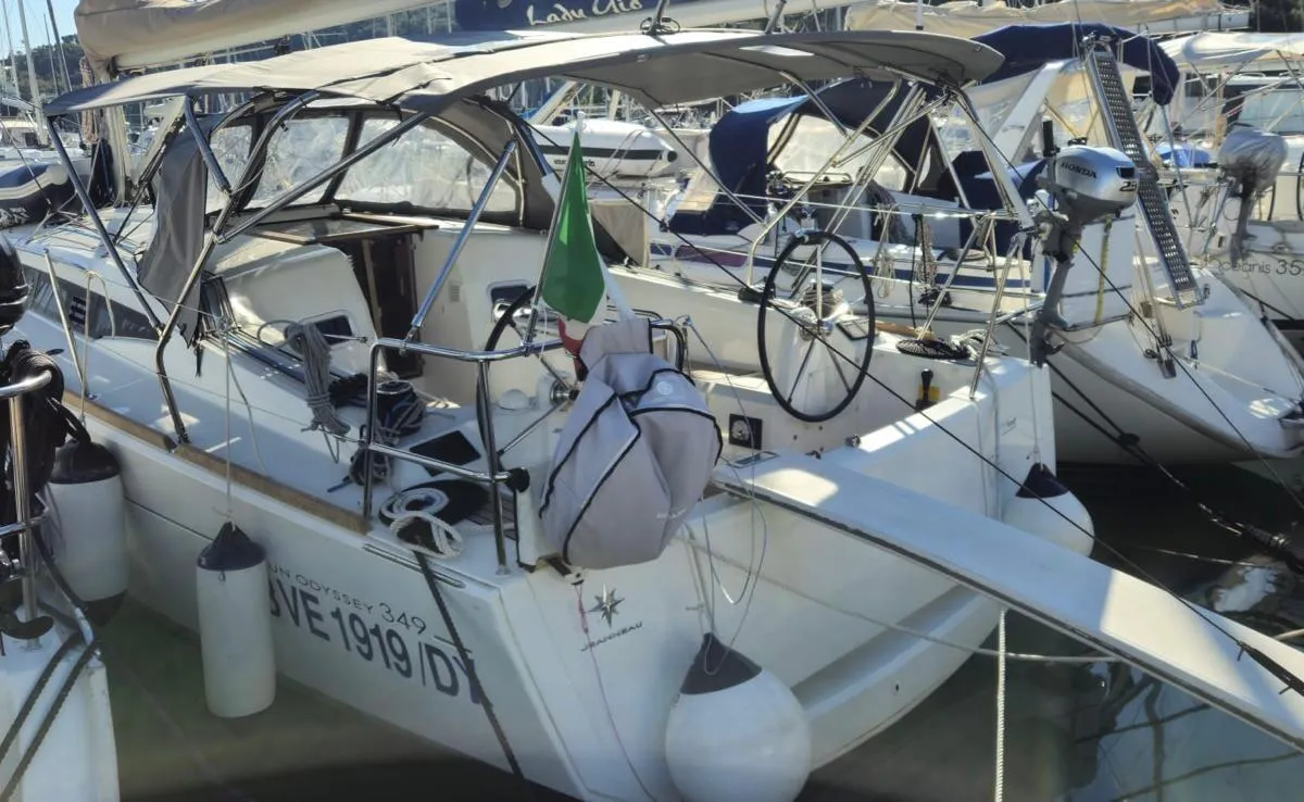 Exterior view of Anatema, a Jeanneau Sun Odyssey 349 sailboat at Piombino, Italy