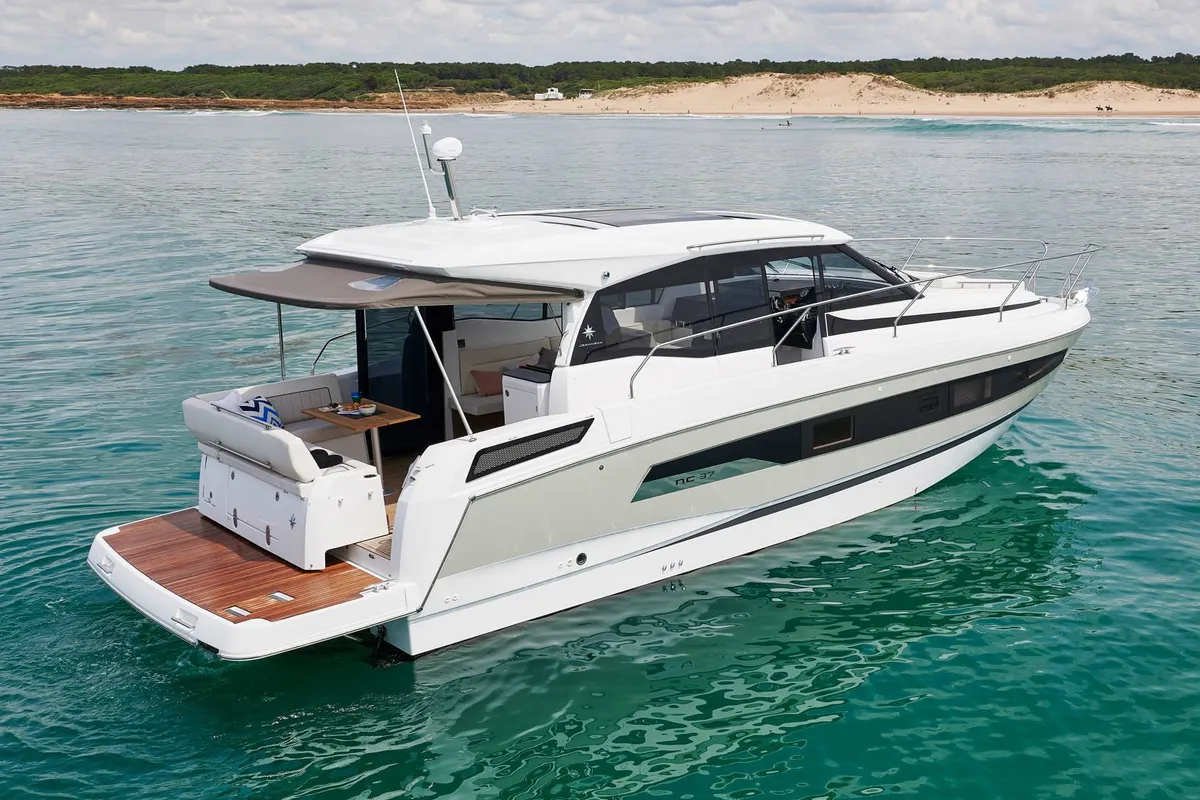 Exterior view of Black Pearl, a Jeanneau NC 37 motorboat at Makarska, Croatia
